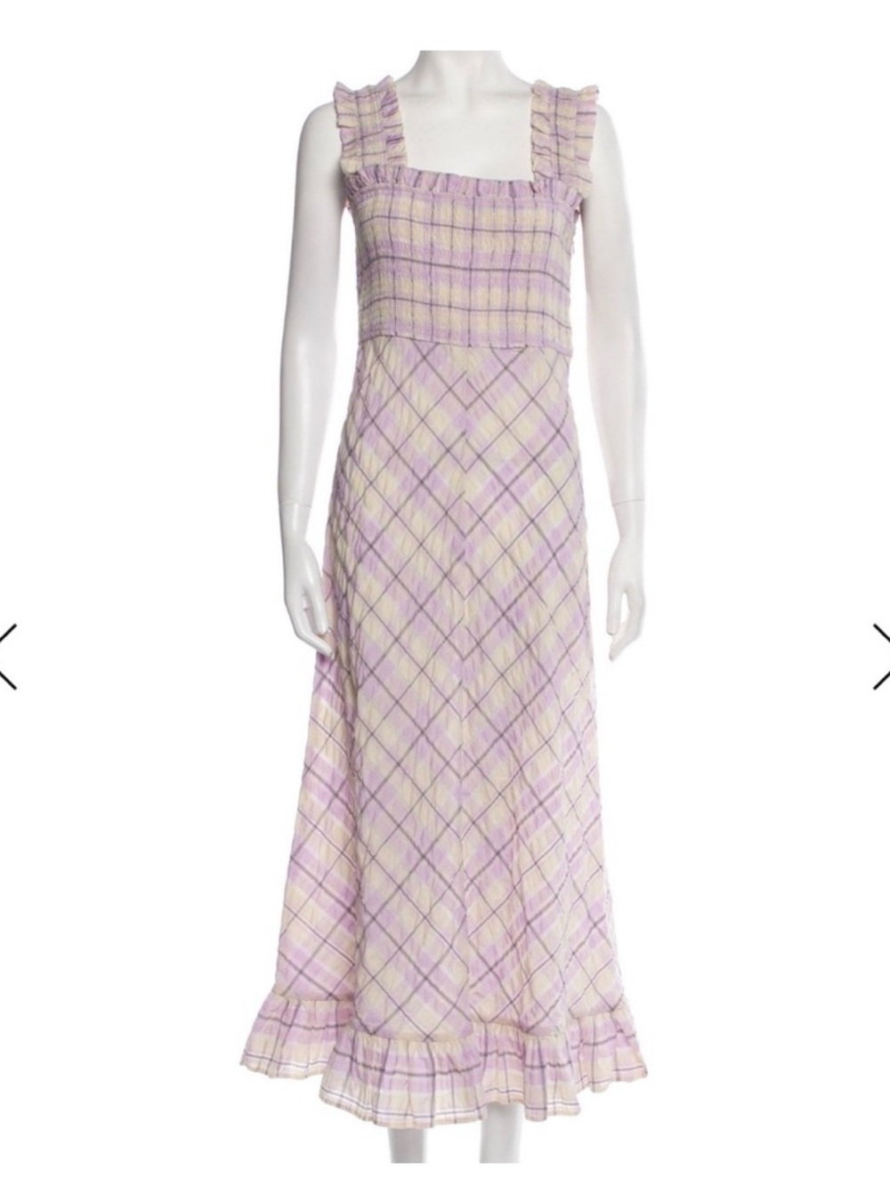 GANNI Purple Plaid Ruffle Seersucker Maxi Dress